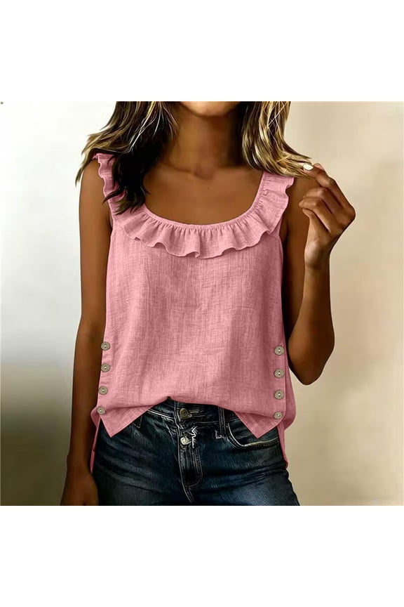 Sleeveless Tops for Women Linen Wide Strap Solid Color Tank Tops Loose Summer Casual Tops M