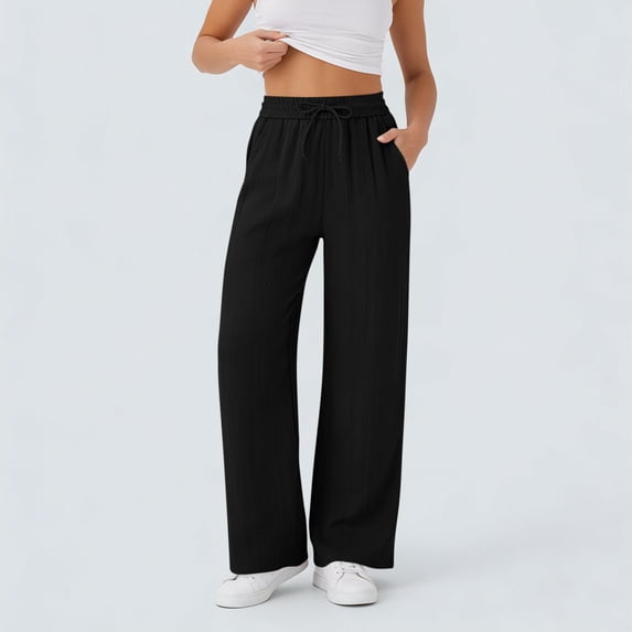 Jaunzuar Summer Pants for Women Straight Leg Elastic Waist Drawstring Pants Loose Versatile Casual Pants with Pockets XXXL