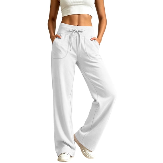 Jaunzuar Sweatpants Women Solid Color High Waisted Drawstring Pants Casual Cozy Loose Pants with Pockets XXL