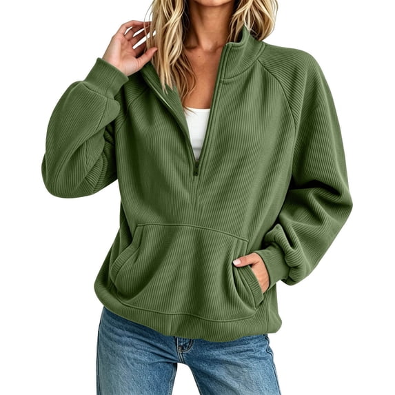 Jaunzuar Sweatshirt for Women Corduroy Long Sleeve Quarter Zip Pullover Stand Collar Loose Casual Tops with Pockets S