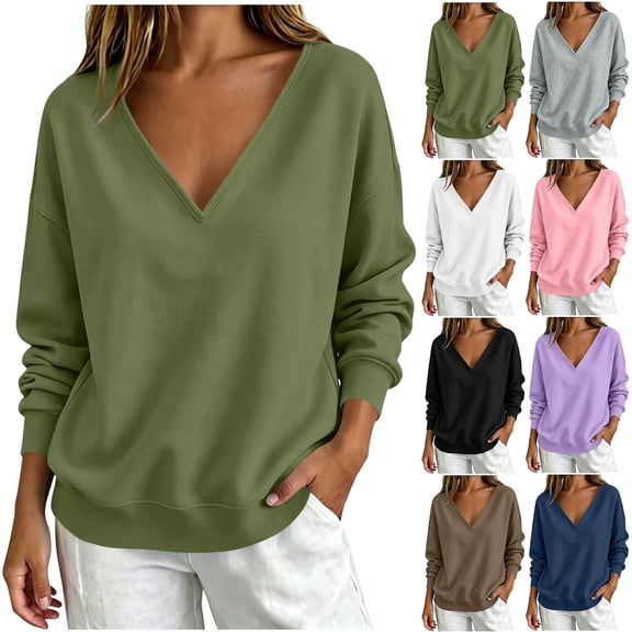Jaunzuar Sweatshirt for Women Long Sleeve V Neck Solid Color Pullover Sweatshirts Loose Soft Casual Tops L