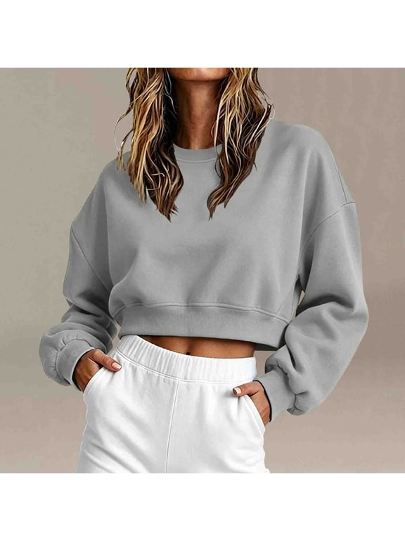 Sweatshirt for Women Solid Color Crew Neck Cropped Sweatshirts Pullover Comfortable Casual Tops S