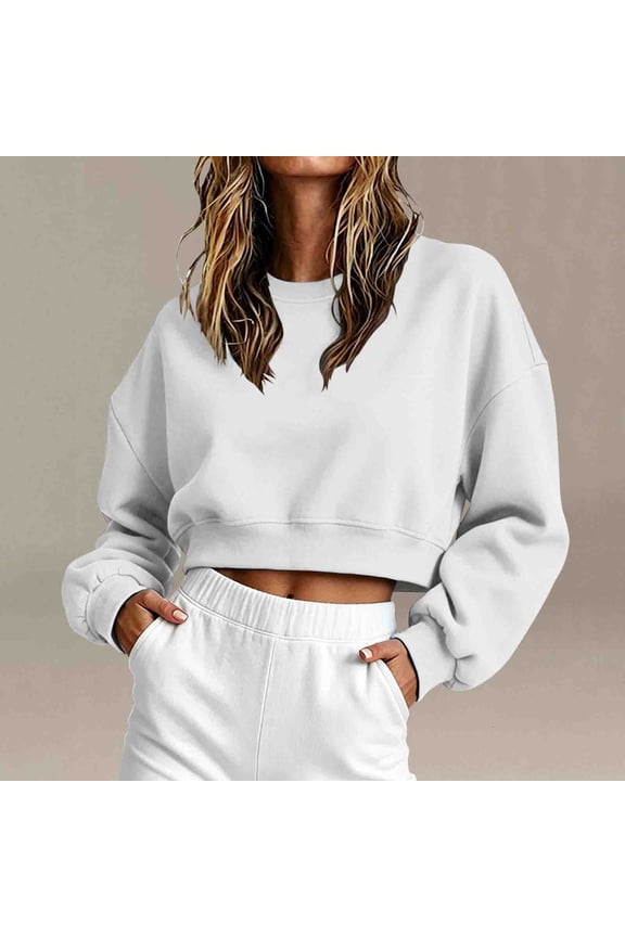 Sweatshirt for Women Solid Color Crew Neck Cropped Sweatshirts Pullover Comfortable Casual Tops XXL