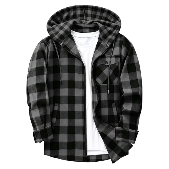 Jaunzuar Zip Up Hoodie Men Drawstring Long Sleeve Plaid Shirt Men Outdoor Warm Casual Jackets with Pockets M