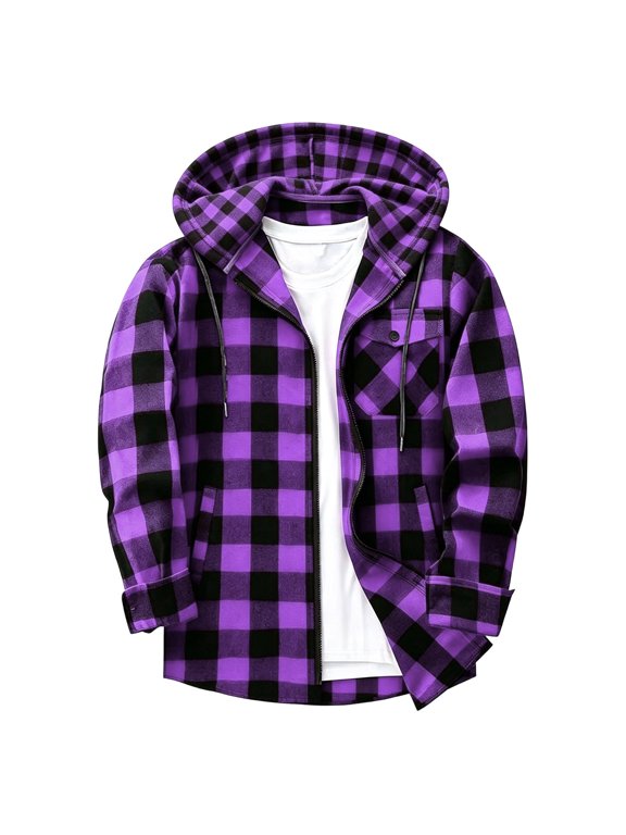 Zip Up Hoodie Men Drawstring Long Sleeve Plaid Shirt Men Outdoor Warm Casual Jackets with Pockets S
