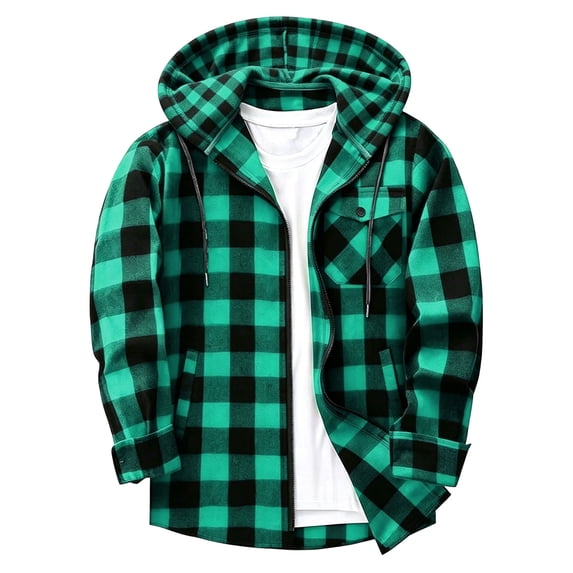 Jaunzuar Zip Up Hoodie Men Drawstring Long Sleeve Plaid Shirt Men Outdoor Warm Casual Jackets with Pockets XL