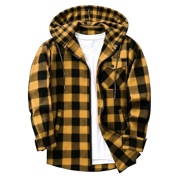 Jaunzuar Zip Up Hoodie Men Drawstring Long Sleeve Plaid Shirt Men Outdoor Warm Casual Jackets with Pockets XL