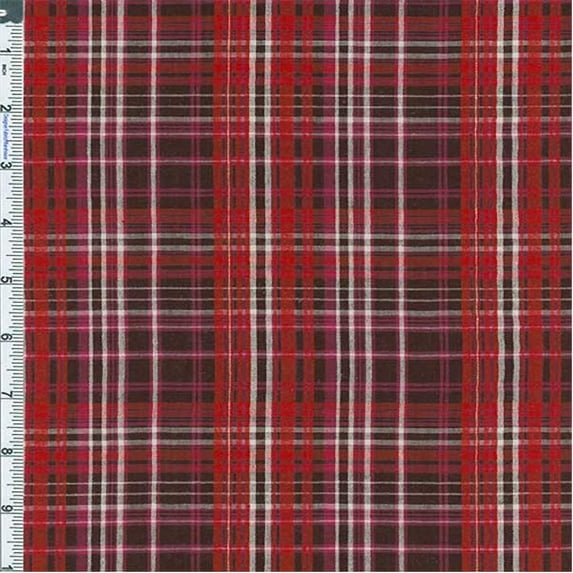 Java Brown/Red Madras Plaid Seersucker, Fabric Sold By the Yard