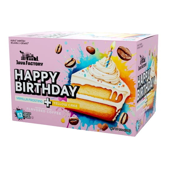 Java Factory Flavored Coffee Pods, Happy Birthday Cake Icing, Compatible with K Cup Brewers, 12 Count