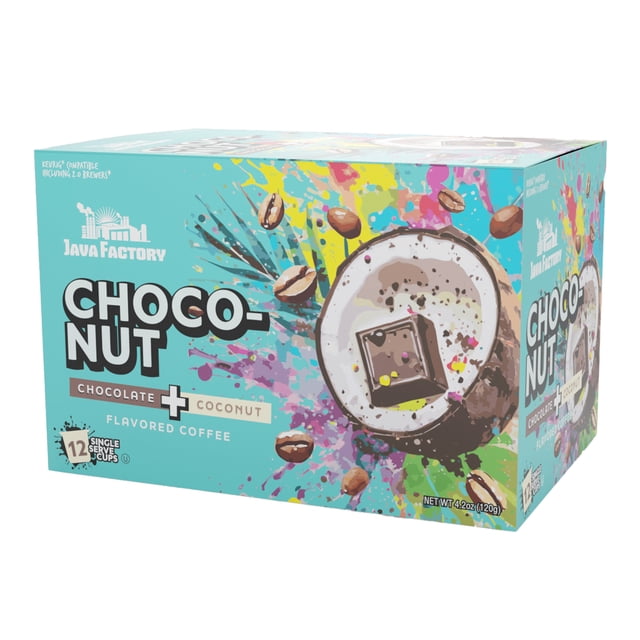 Java Factory Coffee Pods Choconut, 12 Count - Chocolate Coconut Flavored, Compatible with Keurig K Cup Brewers, Tropical Delight for Coffee Lovers