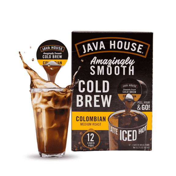 Java House Single-Serve Cold Brew Coffee Pods  Premium 100% Arabica Liquid Concentrate  Smooth & Bold Colombian Roast  12 Pods  Ready Hot or Iced, Travel-Friendly, TSA Approved