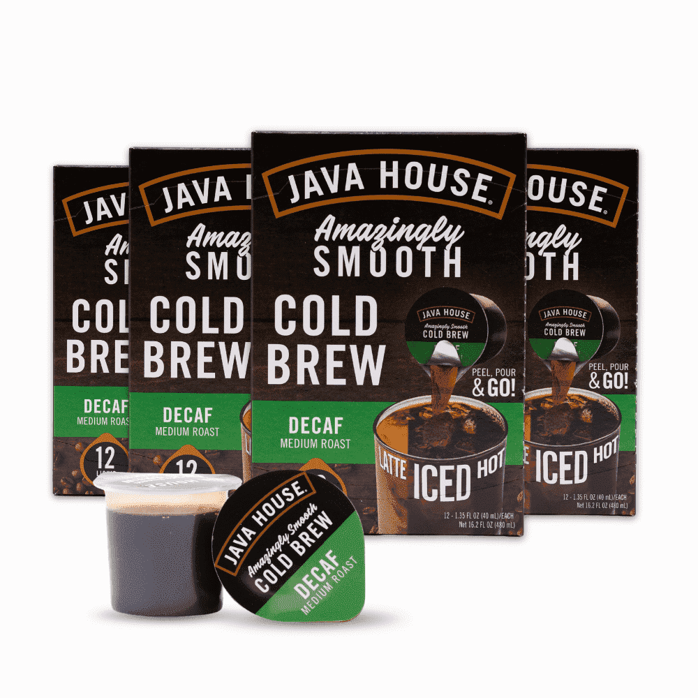 Java House Single-Serve Cold Brew Coffee Pods – Premium 100% Arabica Liquid Concentrate – Smooth & Bold Decaf Roast – 48 Pods – Ready Hot or Iced, Travel-Friendly, TSA Approved