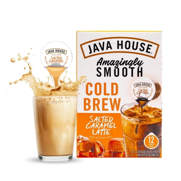 Java House Single-Serve Cold Brew Coffee Pods  Premium 100% Arabica Liquid Concentrate  Salted Caramel Latte  12 Pods  Ready Hot or Iced, Travel-Friendly, TSA Approved