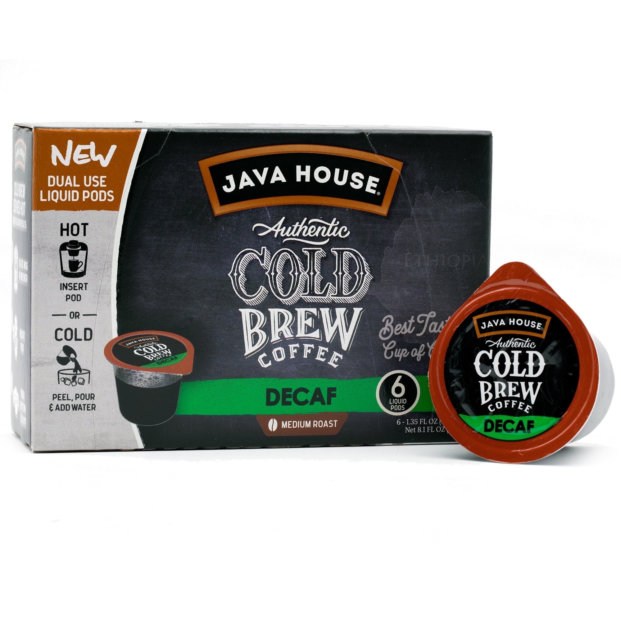 Java House Single-Serve Cold Brew Coffee Pods  Premium 100% Arabica Liquid Concentrate  Smooth & Bold Decaf Roast  6 Pods  Ready Hot or Iced, Travel-Friendly, TSA Approved