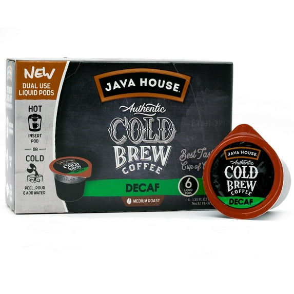 Java House Single-Serve Cold Brew Coffee Pods – Premium 100% Arabica Liquid Concentrate – Smooth & Bold Decaf Roast – 6 Pods – Ready Hot or Iced, Travel-Friendly, TSA Approved