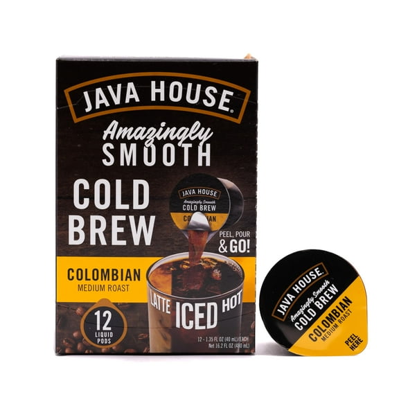 Java House Single-Serve Cold Brew Coffee Pods  Premium 100% Arabica Liquid Concentrate  Smooth & Bold Colombian Roast  12 Pods  Ready Hot or Iced, Travel-Friendly, TSA Approved