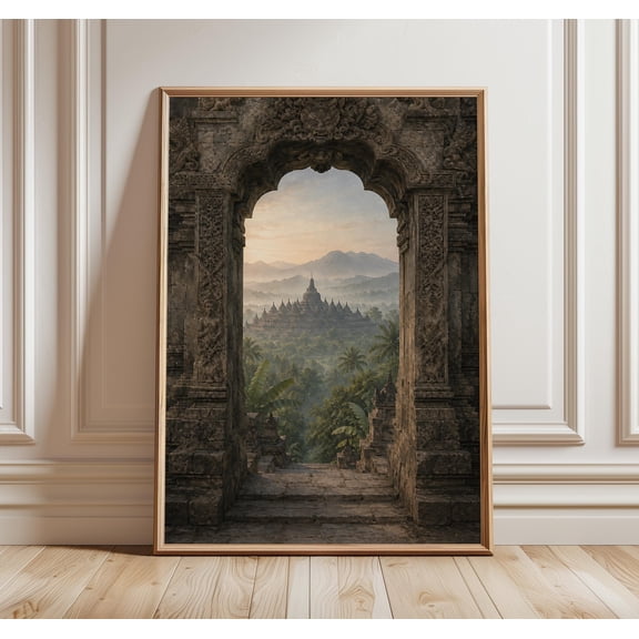 Java Indonesia Wall Art Print, Borobudur Temple Poster, Tropical Jungle Landscape, Indonesian Travel Print, Balinese Style Decor , Poster Print Only