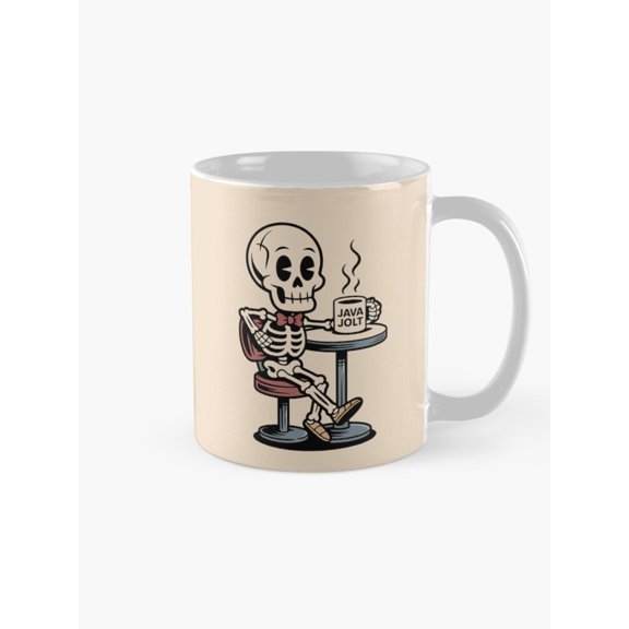 Java Jolt Skeleton Cafe Scene 11oz Ceramic Coffee Mug, Black, Cream, Burgundy and Teal Gray Retro Artwork