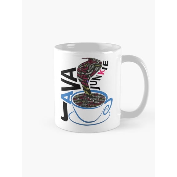 Java Junkie Coffee Typography Mug, Black Blue and Red Artwork, 11oz Ceramic, Microwave and Dishwasher Safe