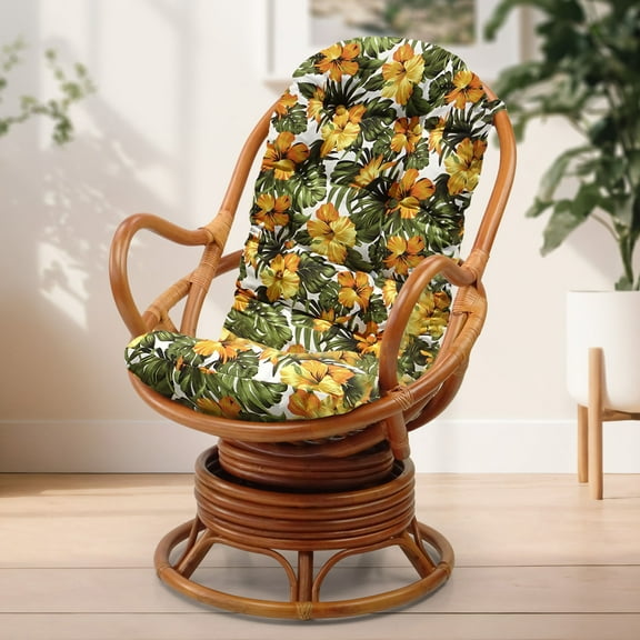 Java Lounge Swivel Rocking Chair with Floral Cushion Natural Rattan Wicker Handmade, Colonial