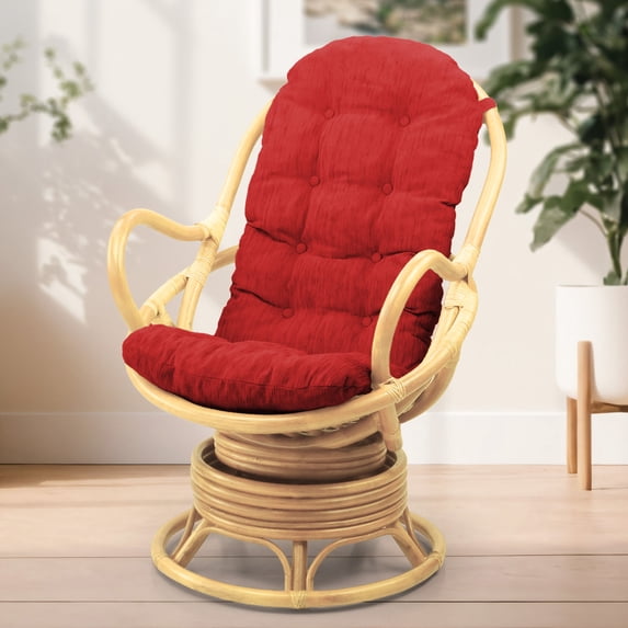 Java Lounge Swivel Rocking Chair with Red Cushion Natural Rattan Wicker Handmade, Natural