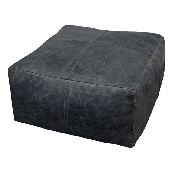Java Pouf 22" Upholstered in Genuine Leather in Antique Black Contrast Stitching