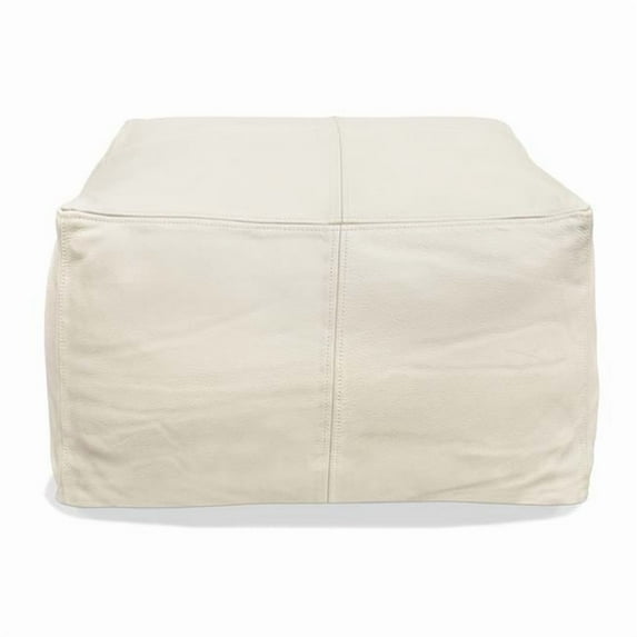 Java Pouf 22" Upholstered in Genuine Leather in Ivory and Contrast Stitching