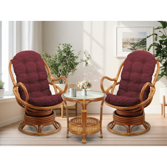Java Swivel Rocking Chair Natural Handmade Rattan Wicker Set: 2 Lounge Arm Chairs with Dark Brown Cushions and Coffee Table, Colonial Color