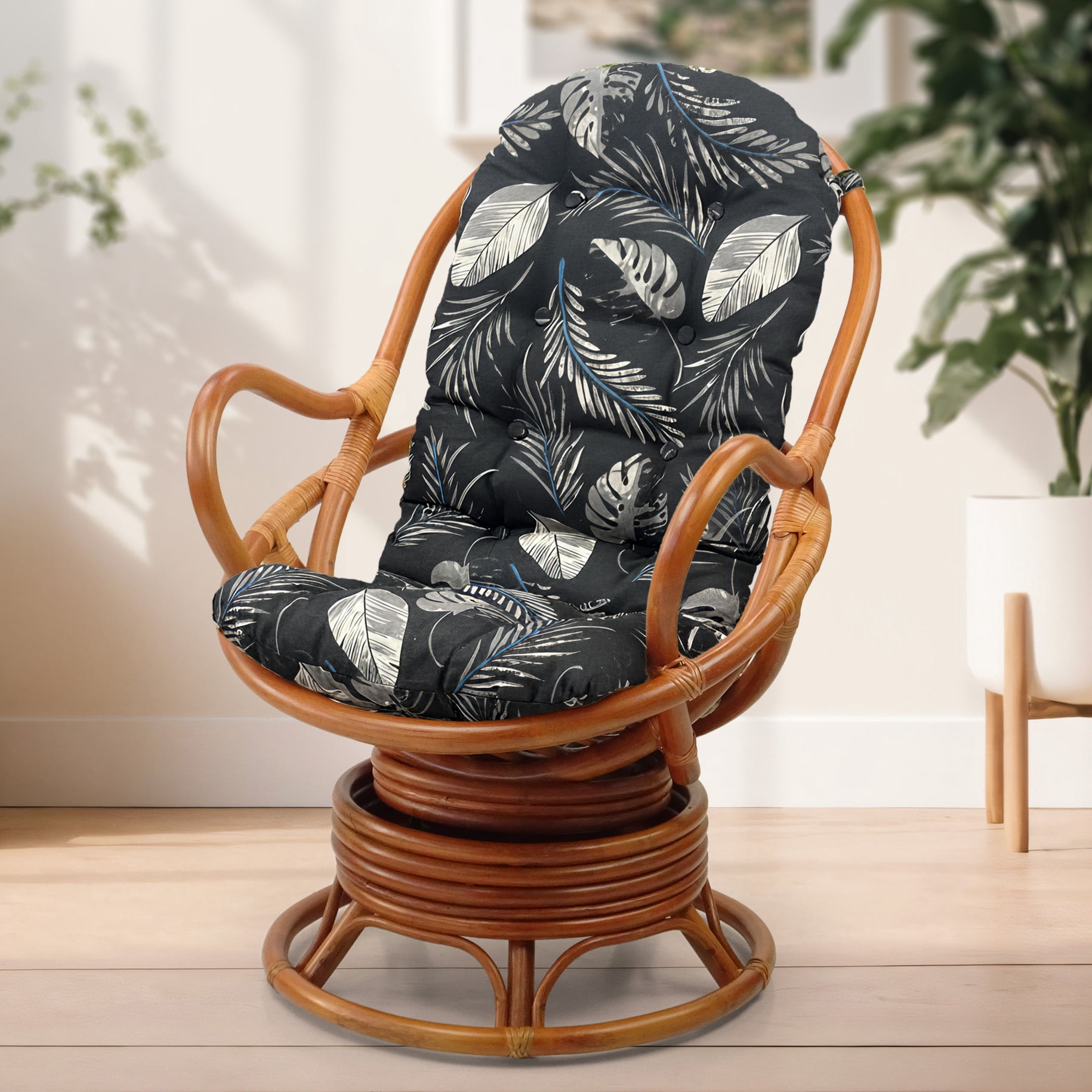 Java Swivel Rocking Lounge Chair Natural Rattan Wicker with Black Leaf ...