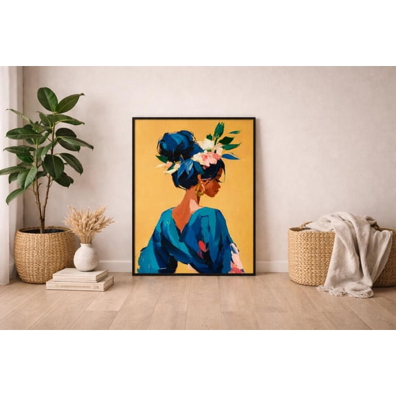 JavaC Bold Blue & Gold Afro Woman Wall Art Print | Floral Headwrap Portrait Poster | African Beauty Boho Decor | Divine Feminine