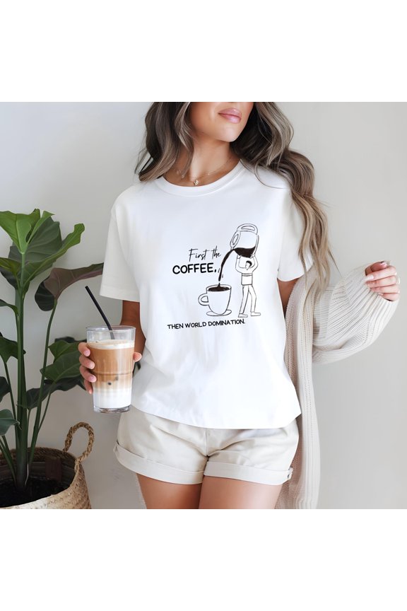 Coffee First Doodle T-Shirt | Funny Unisex Tee for Coffee Lovers | Coffee Addict Gift | Casual Coffee-Themed Apparel | Cute Hand-Drawn Style