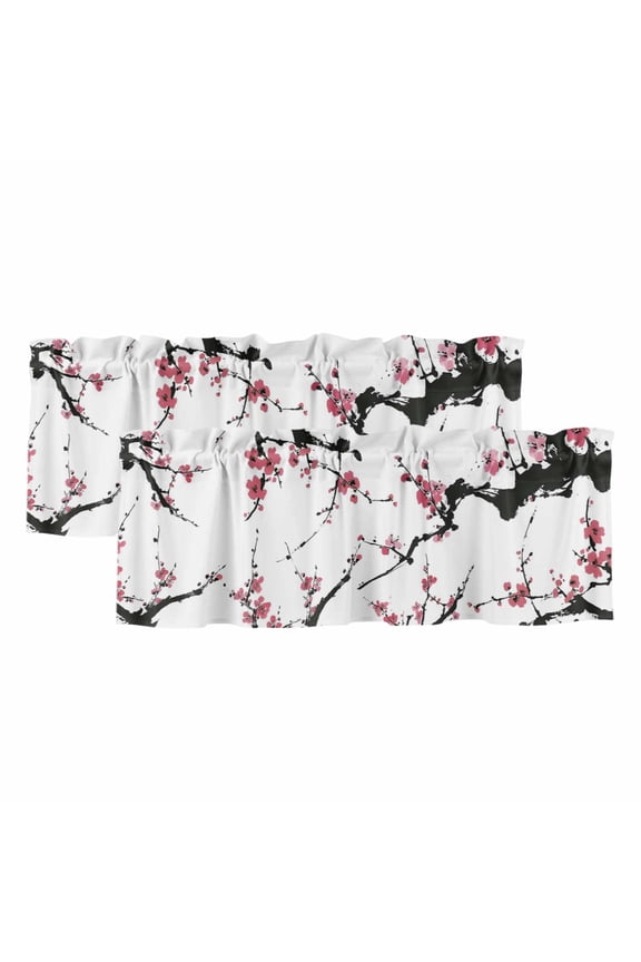 2 Pack Valances for Windows 42 x 18 Inch, Pink Plum Blossom Decorative Kitchen Curtain Valance, Farmhouse Botanical Spring Floral Rod Pocket Short Curtains Window Treatment for Bathroom/Cafe