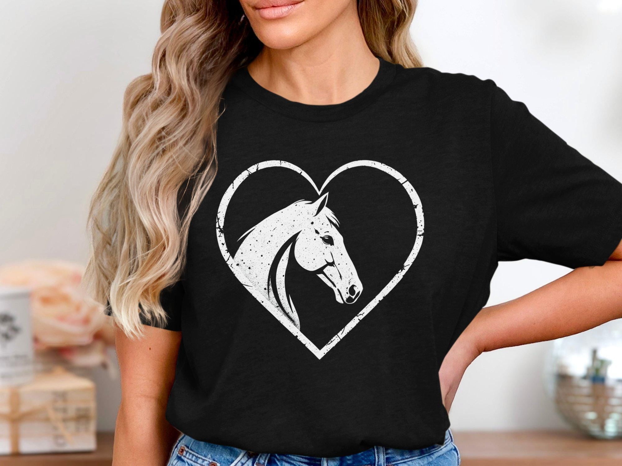 JavaC Horse in Heart T-Shirt, Distressed Equestrian Love Tee, Horse Lover Gift Shirt, Rustic Western Horse Graphic, Country Farm Animal Tee