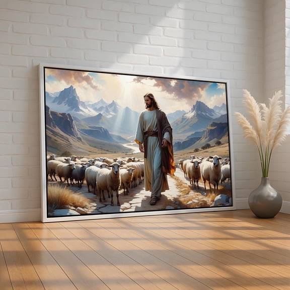 JavaC Jesus the Good Shepherd Wall Art | Poster Print | Ready to Hang | Inspirational Faith Decor | Lambs and Mountains Artwork
