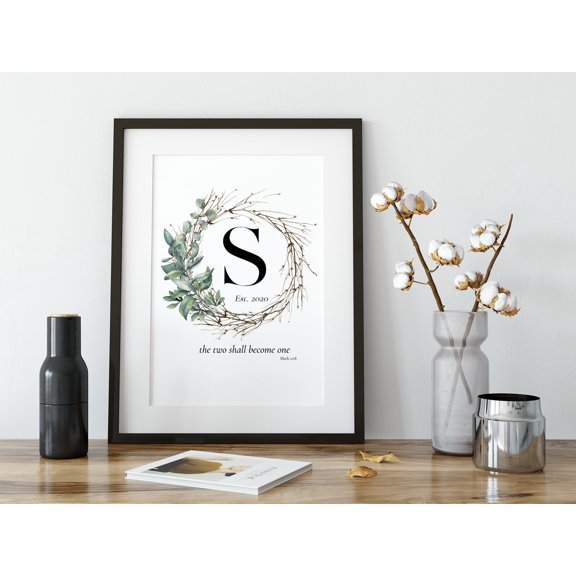 JavaC Monogram Wedding Print | Eucalyptus Wreath, Personalized Date