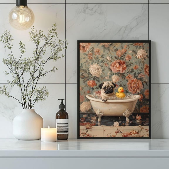 JavaC Pug in Bubble Bath with Rubber Duck Poster, Fawn Pug Print, Dog Lover Wall Art, Dog Bathroom Decor
