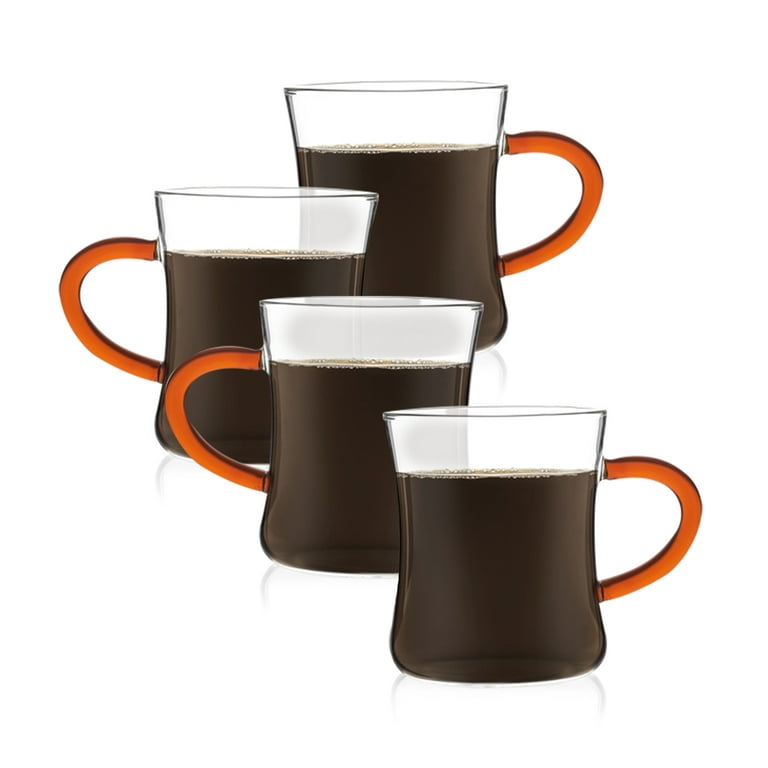 JavaFly Glass Mug with Orange Handle, Set of 4 Glasses, Espresso