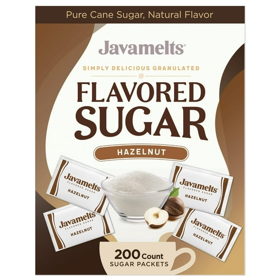 Javamelts Hazelnut Flavored Sugar Packets | Pure Cane Sugar for Baking, Coffee Syrup Substitute, Cocktails, Tea | Non GMO, Non Dairy, Gluten Free, Kosher | 200 Bulk Sugar Packets