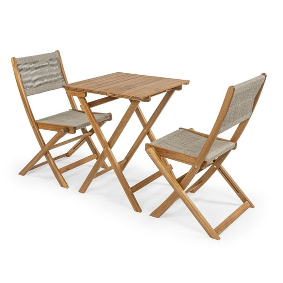 Javea Modern Coastal 3-Piece Acacia Wood Outdoor Folding Bistro Set, Beige/Teak Brown