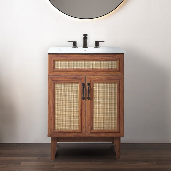 JONATHAN Y Javer 24 in. W x 18 in. D x 33 in. H, Rattan 2-Shelf, Bath Vanity Cabinet ONLY, Walnut, VAN1009B