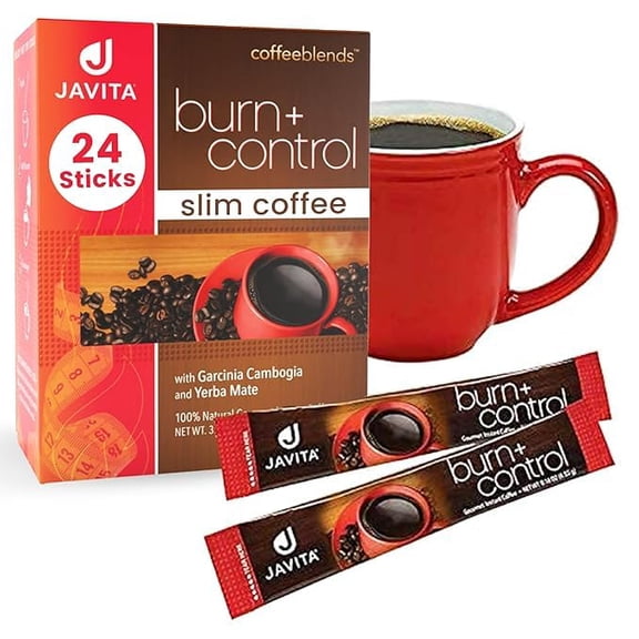 Javita Burn + Control Instant Coffee  Smooth Arabica, Robusta Blend with Garcinia & Yerba Mate  Supports Metabolism & Daily Energy  Convenient Slim-Style Coffee Mix (1 box/24 serv.)