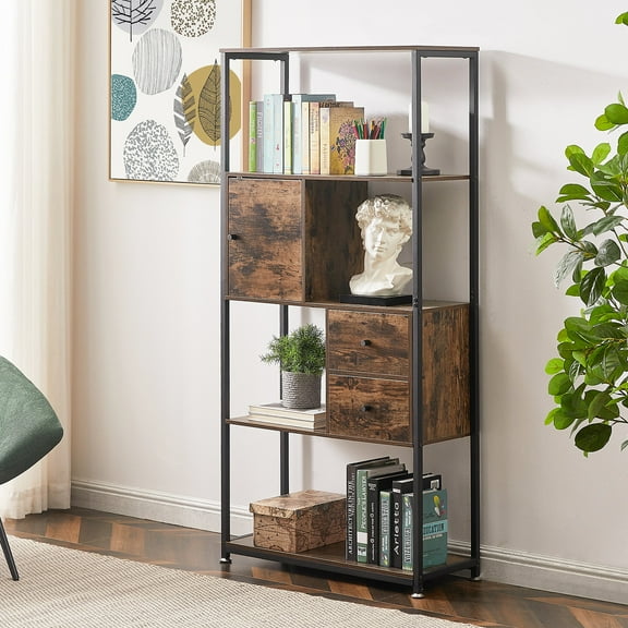Javlergo 4-Tier Bookcase with Drawers, Freestanding Bookshelf Display Storage Organizer for Living Room, Home Office, Library, Brown