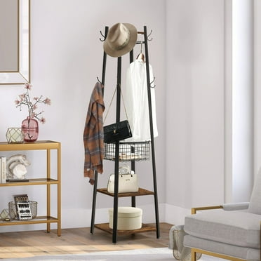 Javlergo Coat Rack with Deep Metal Basket, 2-tier Shelves & 8 Dual Hooks Antique Brown