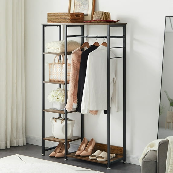 Javlergo Free-Standing Clothes Rack Storage Shelves Clothes Hanging Rack Wardrobe Closet Organizer, Brown