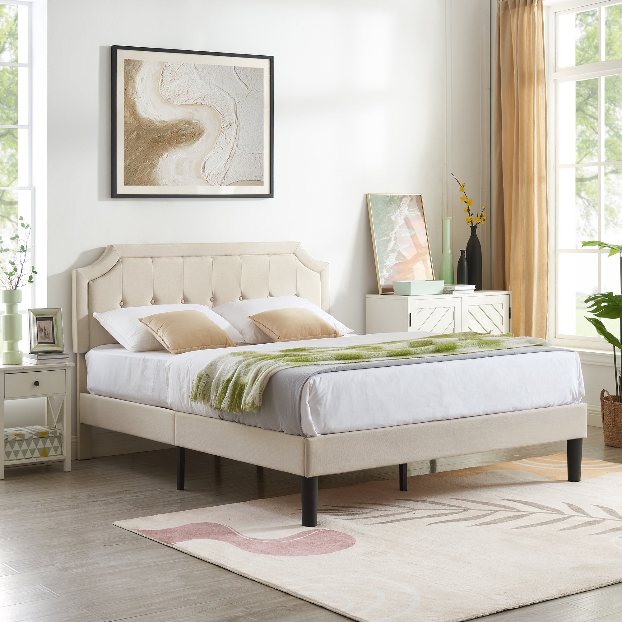 Javlergo Full Size Bed Frame with Upholstered Adjustable Diamond Stitched Panel Headboard, Wood Slat Support/Easy Assembly, Beige