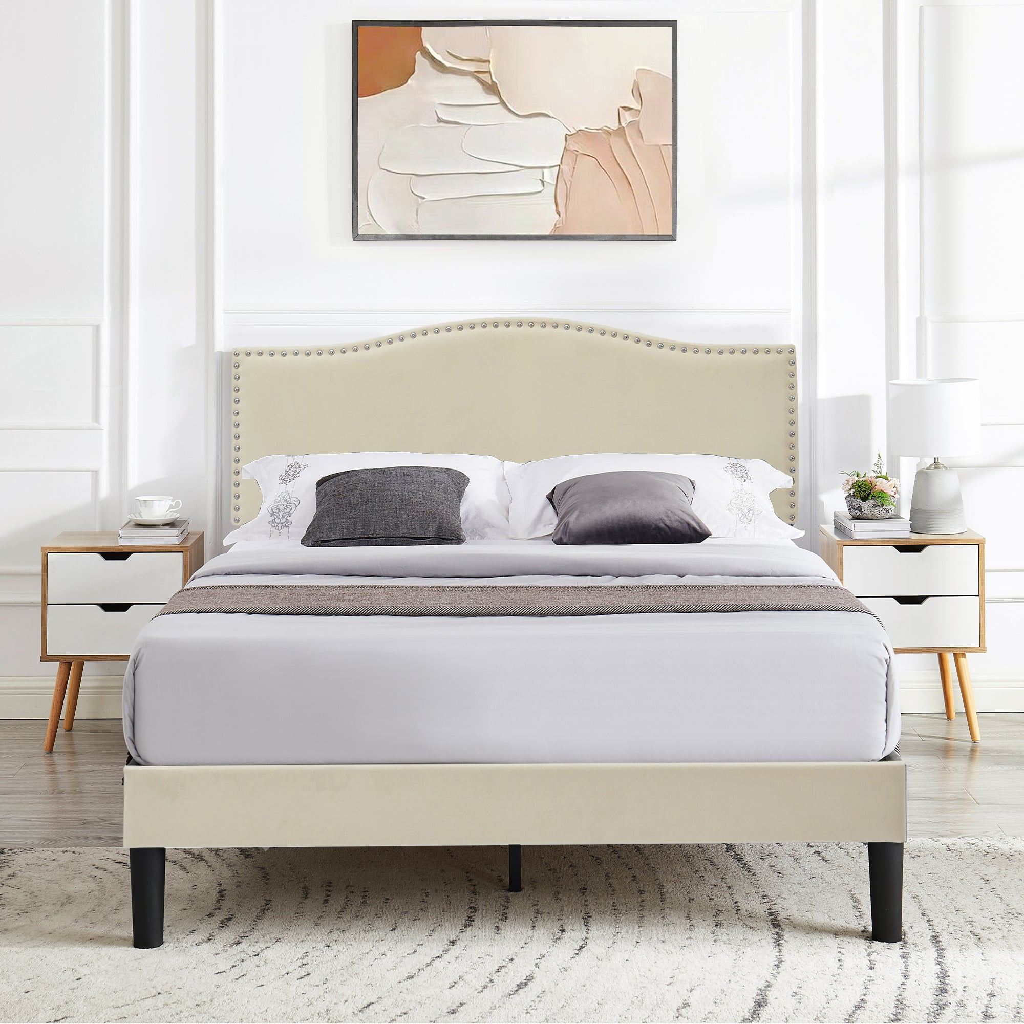 Javlergo Full Size Platform Bed Frame, Upholstered Bed Frame with Adjustable Headboard, No Box Spring Needed, Wooden Slats Support, Mattress Foundation, Beige