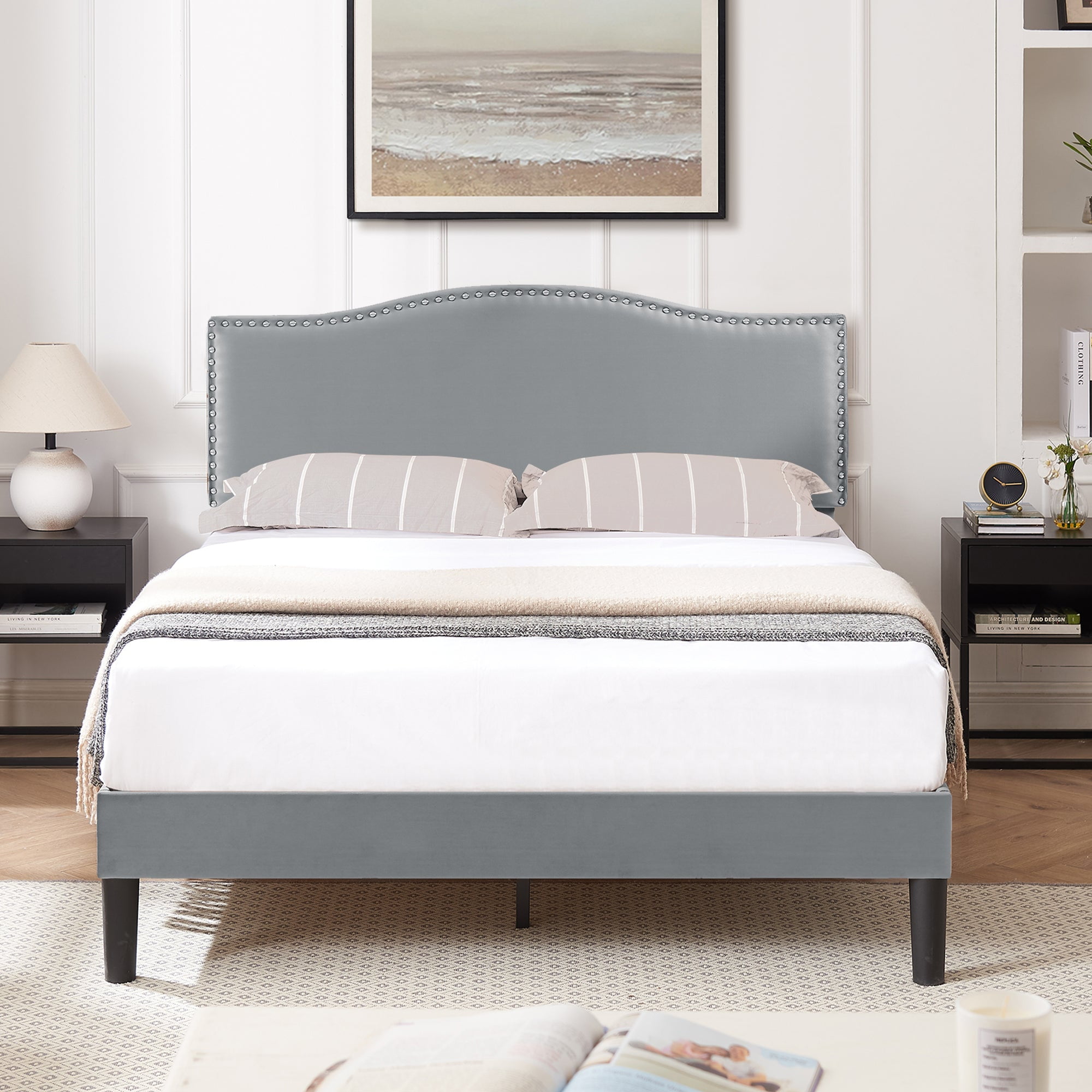 Javlergo Full Size Platform Bed Frame, Upholstered Bed Frame with Adjustable Headboard, No Box Spring Needed, Wooden Slats Support, Mattress Foundation, Dark Gray