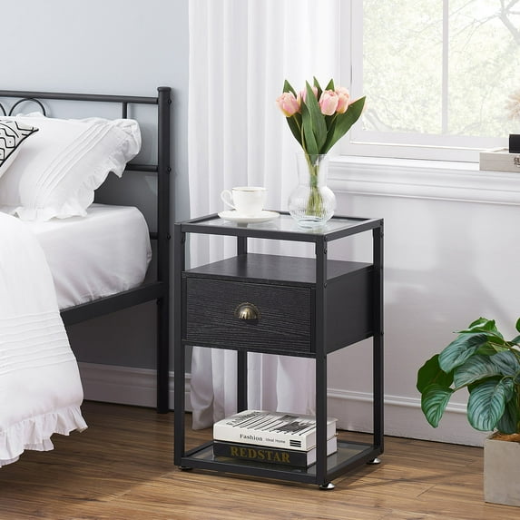 Javlergo Glass Top End Tables Nightstands with Drawer and Bottom Shelf for Living Room,Bedroom,Lounge, Black