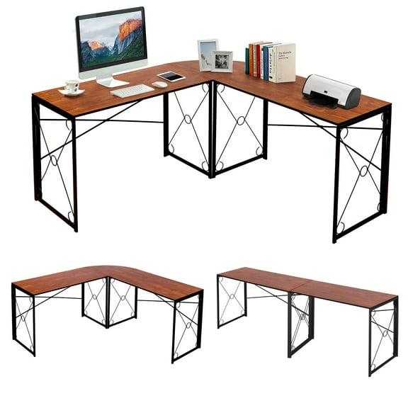 Javlergo L Shaped Folding Computer Desk, Modern Corner Gaming/Writing Table for Home Office, No Assembly Needed, Brown