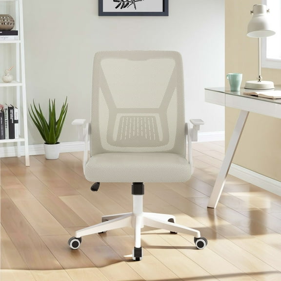 Javlergo Office Chair, Ergonomic Desk Chair Breathable Mesh Chair with Adjustable High Back Lumbar Support Flip-up Armrests, Executive Rolling Swivel Comfy Task Computer Chair, Beige